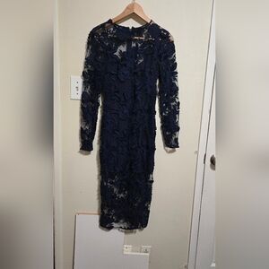 Topshop Navy Floral Lace Long Sleeve Dress